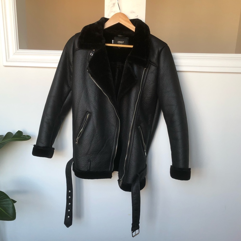 Faux Leather Moto Jacket with Faux Fur